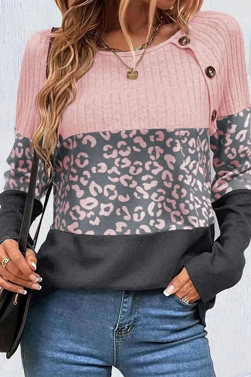 Leopard print long sleeve top with buttons - Love Salve